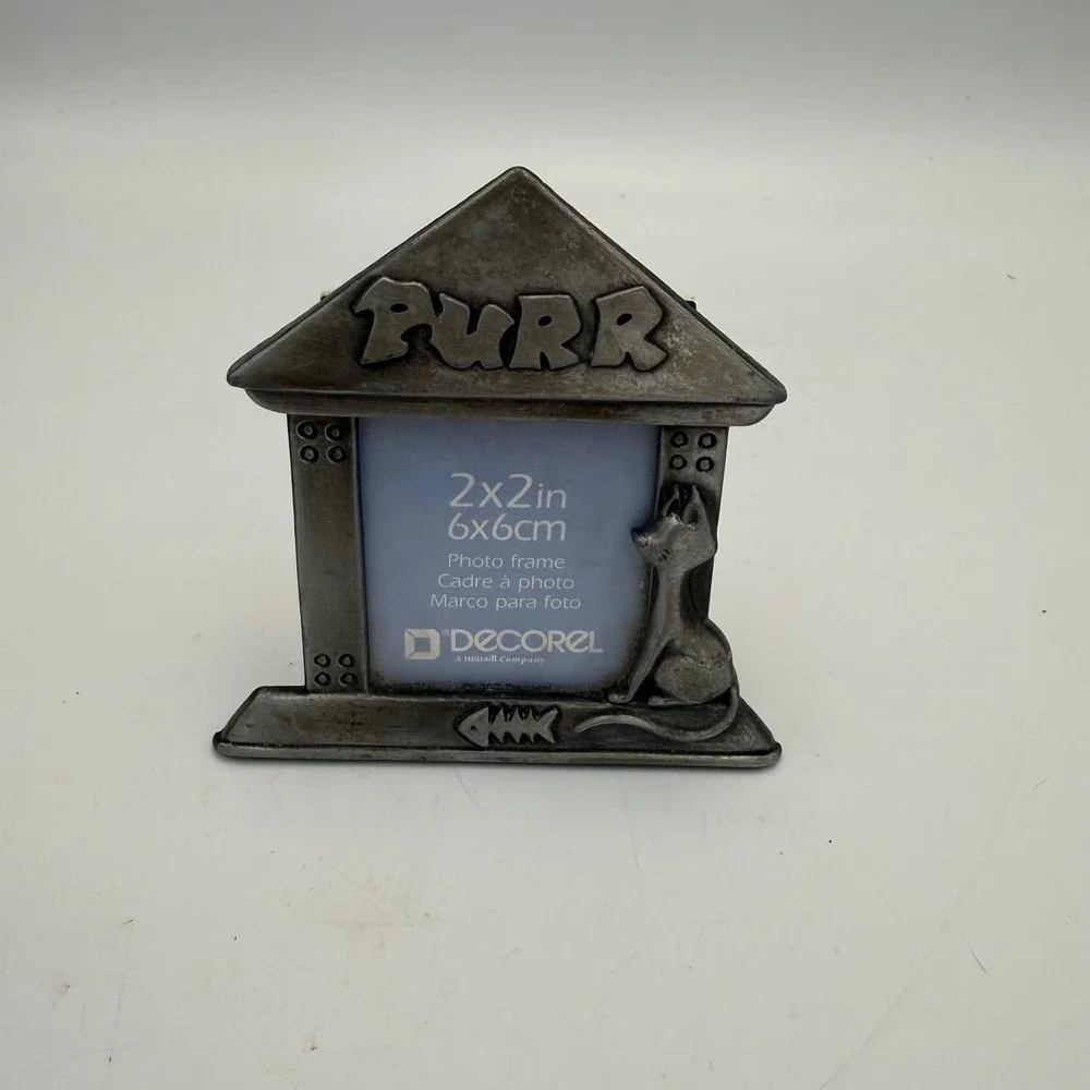 Decorel Cat Purr Pewter Metal Mini Picture Frame 2x2 House Shape Vintage Style